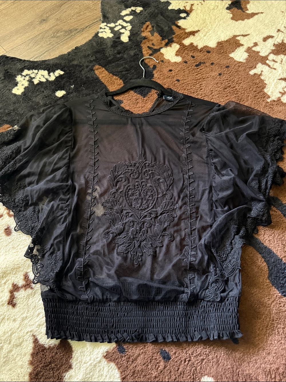 Daytrip Black Sheer Embroidered Flutter-Sleeve Blouse